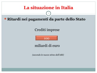 La situazione in Italia
Ritardi nei pagamenti da parte dello Stato
Crediti imprese
miliardi di euro
(secondo le nuove stime dell’ABI)
5
100
 