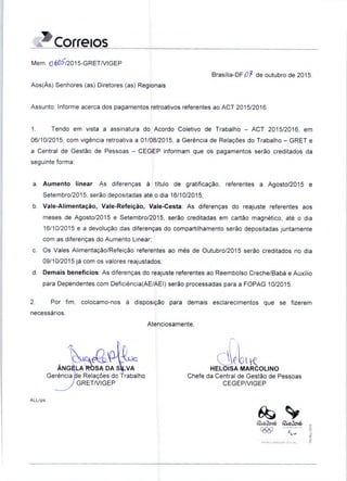 Correios
Mem. O605/2015-GRET/VlGEP
Brasília-DFíI de outubro de 2015.
Aos(Às) Senhores (as) Diretores (as) Regionais
Assunto: Informe acerca dos pagamentos retroativos referentes ao ACT 2015/2016
1. Tendo em vista a assinatura do Acordo Coletivo de Trabalho - ACT 2015/2016. em
06/10/2015. com vigência retroativa a 01/08/2015. a Gerência de Relações do Trabalho - GRET e
a Central de Gestão de Pessoas - CEGEP informam que os pagamentos serão creditados da
seguinte forma:
a. Aumento linear As diferenças á título de gratificação, referentes a Agosto/2015 e
Setembro/2015. serão depositadas até o dia 16/10/2015:
b. Vale-Alimentação, Vale-Refeição, Vale-Cesta: As diferenças do reajuste referentes aos
meses de Agosto/2015 e Setembro/2015. serão creditadas em cartão magnético. até o dia
16/10/2015 e a devolução das diferenças do compartilhamento serão depositadas juntamente
com as diferenças do Aumento Linear:
c. Os Vales Alimentação/Refeição referentes ao mês de Outubro/2015 serão creditados no dia
09/10/2015 já com os valores reajustados:
d. Demais benefícios: As diferenças do reajuste referentes ao Reembolso Creche/Babá e Auxílio
para Dependentes com Deficiência(AE/AEI) serão processadas para a FOPAG 10/2015.
2. Por fim. colocamo-nos á disposição para demais esclarecimentos que se fizerem
necessários.
Atenciosamente.
'4cÂNGÈLAR SADAS VA
Gerência de Relações do Trabalho
G R ET/VI G E P
HELOISA MARCOLINO
Chefe da Central de Gestão de Pessoas
C E G E P/Vl G E P
ALL/ips
0~ I~P2,,o2o6 R,2o6
Q%)
PATROCINADOR OPI(IAL
 