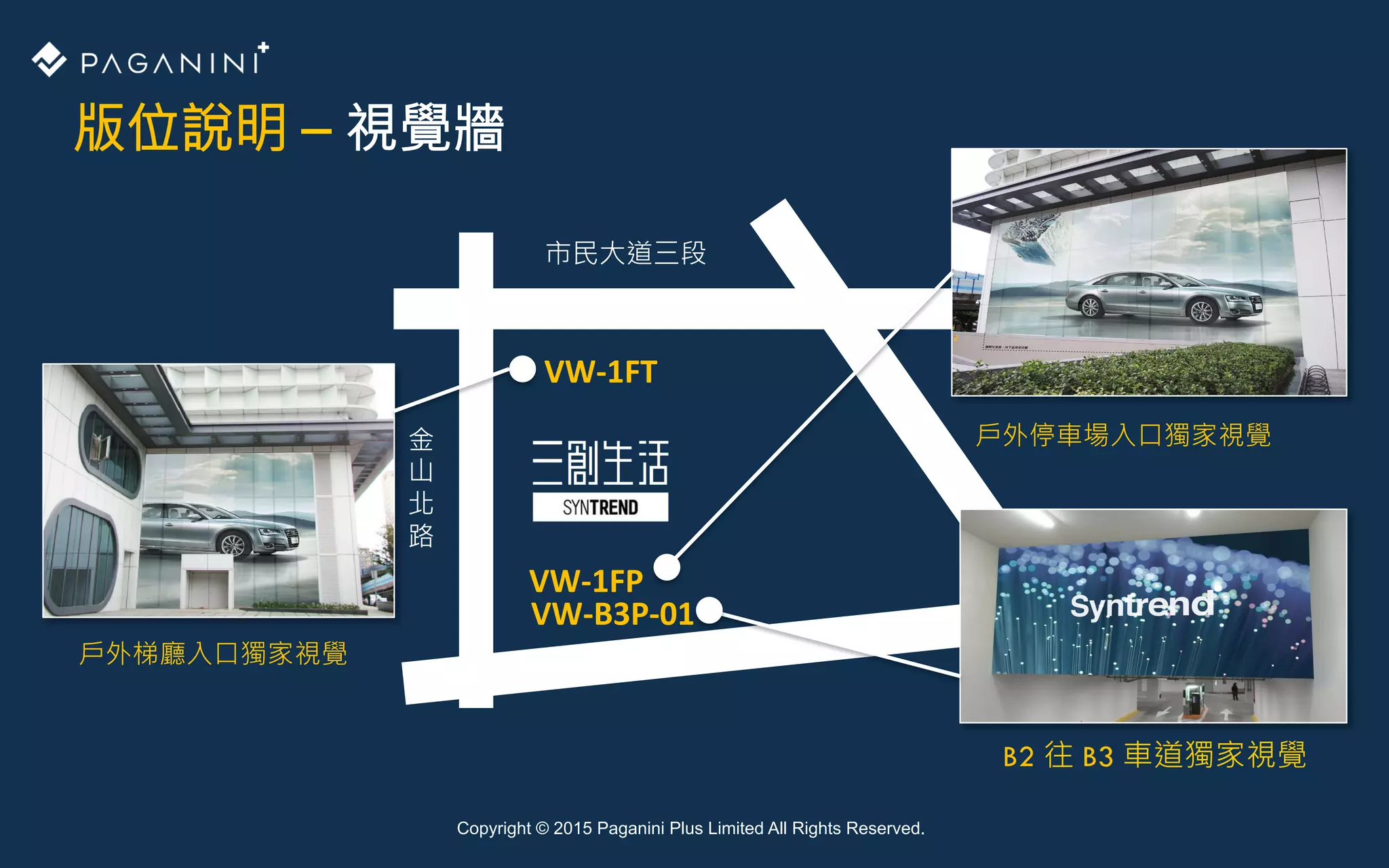 Copyright © 2015 Paganini Plus Limited All Rights Reserved.
版位說明 – 視覺牆
市民大道三段
金
山
北
路
VW-­‐1FP
VW-­‐1FT
VW-­‐B3P-­‐01
戶外停車場入口獨家視覺
B2 往 B3 車道獨家視覺
戶外梯廳入口獨家視覺
 