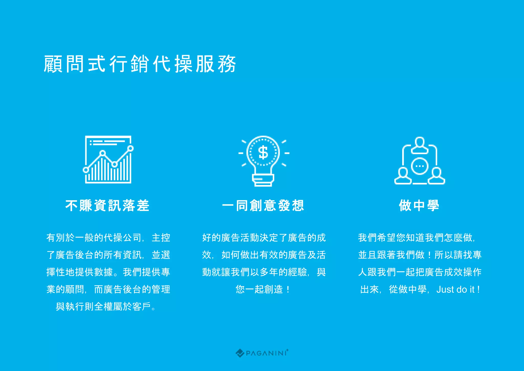 有別於一般的代操公司，主控
了廣告後台的所有資訊，並選
擇性地提供數據。我們提供專
業的顧問，而廣告後台的管理
與執行則全權屬於客戶。
顧問式行銷代操服務
不賺資訊落差
好的廣告活動決定了廣告的成
效，如何做出有效的廣告及活
動就讓我們以多年的經驗，與
您一起創造！
一同創意發想
我們希望您知道我們怎麼做，
並且跟著我們做！所以請找專
人跟我們一起把廣告成效操作
出來，從做中學，Just do it !
做中學
 