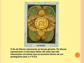 O Ás de Discos representa as forças girando. Os discos
representam a hierarquia Solar. No meio das três
interseções circulares que se encontra dentro de um
pentagrama esta o nº 6 6 6.
 