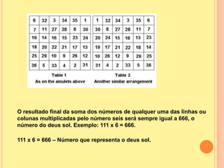 O resultado final da soma dos números de qualquer uma das linhas ou
colunas multiplicadas pelo número seis será sempre igual a 666, o
número do deus sol. Exemplo: 111 x 6 = 666.

111 x 6 = 666 – Número que representa o deus sol.
 