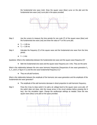 the fundamental sine wave (red). Draw the square wave (blue) curve on the plot and the
               fundamental sine wave (red) curve plot in the space provided.




Step 3         Use the cursors to measure the time periods for one cycle (T) of the square wave (blue) and
               the fundamental sine wave (red) and show the value of T on the curve plot.

               T1 = 1.00 ms
               T2 = 1.00 ms

Step 4         Calculate the frequency (f) of the square wave and the fundamental sine wave from the time
               period.

               f = 1 kHz

Questions: What is the relationship between the fundamental sine wave and the square wave frequency (f)?

               Both the fundamental sine wave and the square wave frequency are 1 kHz. They are the same

What is the relationship between the sine wave harmonic frequencies (frequencies of sine wave generators f 3,
f5, f7, and f9 in figure 5-1) and the sine wave fundamental frequency (f 1)?

               They are all odd functions.

What is the relationship between the amplitude of the harmonic sine wave generators and the amplitude of the
fundamental sine wave generator?

               The amplitude of the odd harmonics decrease in direct proportion to odd harmonic frequency.

Step 5         Press the A key to close switch A to add a dc voltage level to the square wave curve plot. (If
               the switch does not close, click the mouse arrow in the circuit window before pressing the A
               key). Run the simulation again. Change the oscilloscope settings as needed. Draw the new
               square wave (blue) curve plot on the space provided.
 