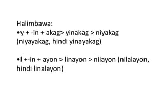 Halimbawa:
•y + -in + akag> yinakag > niyakag
(niyayakag, hindi yinayakag)
•l +-in + ayon > linayon > nilayon (nilalayon,
hindi linalayon)
 