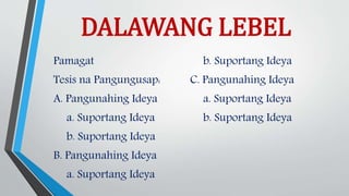 DALAWANG LEBEL
Pamagat
Tesis na Pangungusap:
A. Pangunahing Ideya
a. Suportang Ideya
b. Suportang Ideya
B. Pangunahing Ideya
a. Suportang Ideya
b. Suportang Ideya
C. Pangunahing Ideya
a. Suportang Ideya
b. Suportang Ideya
 