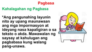 Pagbasa
Kahalagahan ng Pagbasa
*Ang pangunahing layunin
nito ay upang maunawaan
ang mga impormasyon at
ideyang nasa kapaligiran o sa
teksto o akda. Mawawalan ng
saysay at kahulugan ang
pagbabasa kung walang
pang-unawa.
 