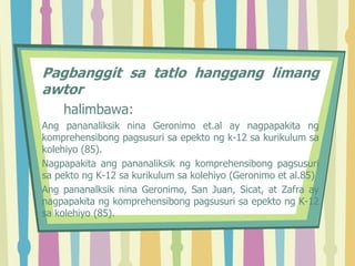 Pagbanggit sa tatlo hanggang limang
awtor
halimbawa:
Ang pananaliksik nina Geronimo et.al ay nagpapakita ng
komprehensibong pagsusuri sa epekto ng k-12 sa kurikulum sa
kolehiyo (85).
Nagpapakita ang pananaliksik ng komprehensibong pagsusuri
sa pekto ng K-12 sa kurikulum sa kolehiyo (Geronimo et al.85)
Ang pananalksik nina Geronimo, San Juan, Sicat, at Zafra ay
nagpapakita ng komprehensibong pagsusuri sa epekto ng K-12
sa kolehiyo (85).
 
