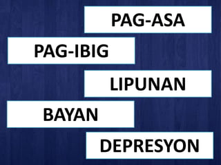 PAG-ASA
PAG-IBIG
LIPUNAN
BAYAN
DEPRESYON
 