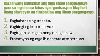 Karaniwang isinusulat ang mga liham pangnegosyo
para sa mga tao sa labas ng organisasyon. May iba’t
ibang sitwasyon na sinasaklaw ang liham pangnegosyo:
1. Paghahanap ng trabaho.
2. Paghingi ng impormasyon.
3. Pagtugon sa mga tanong o paglilinaw.
4. Promosyon ng mga ibinebenta at/o serbisyo.
 