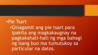 •Pie Tsart
•Ginagamit ang pie tsart para
ipakita ang magkakaugnay na
pagkakahati-hati ng mga bahagi
ng isang buo ma tumutukoy sa
particular na datos.
 