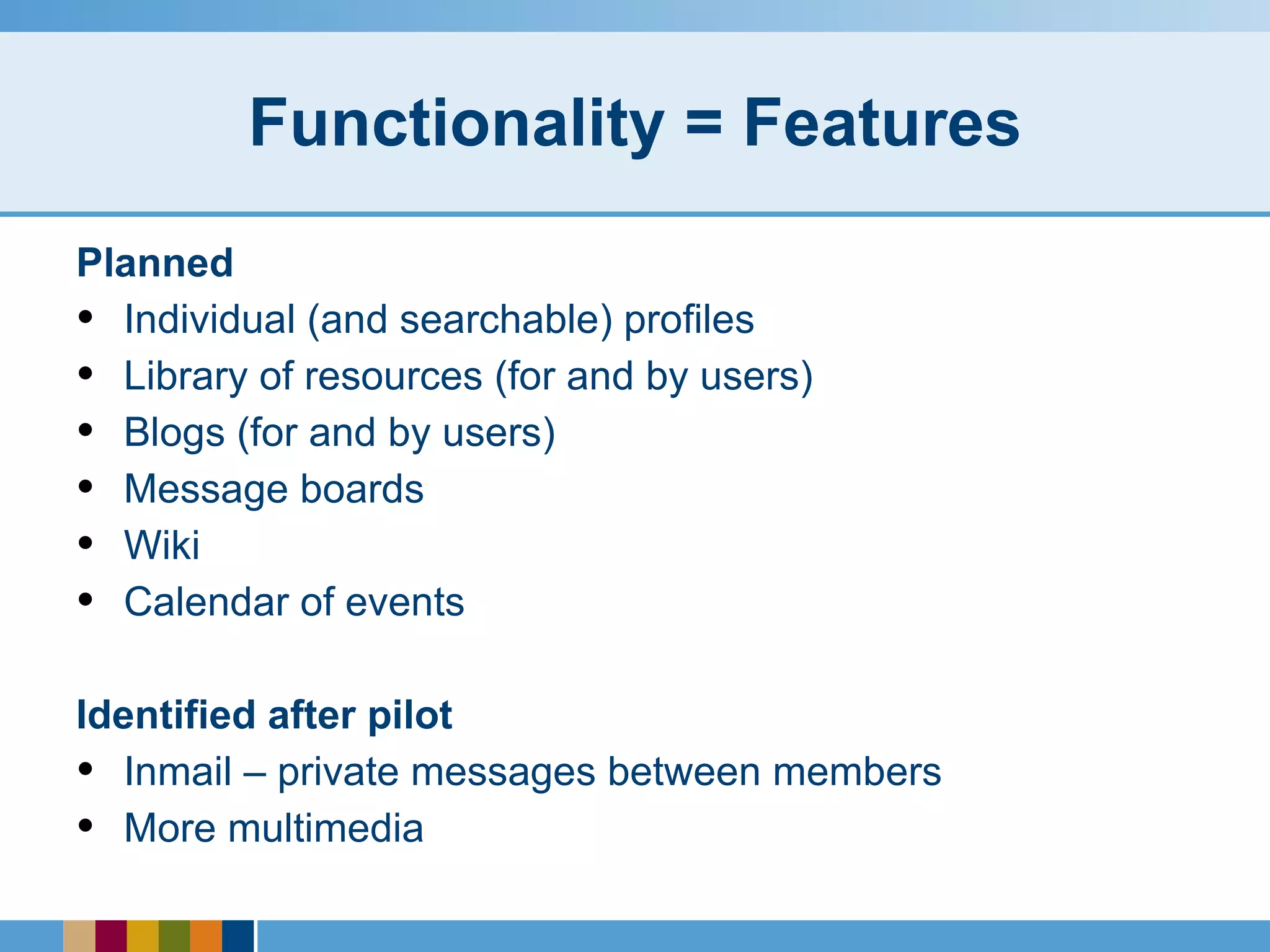 Functionality = Features Planned Individual (and searchable) profiles Library of resources (for and by users) Blogs (for and by users) Message boards Wiki Calendar of events Identified after pilot Inmail – private messages between members More multimedia 