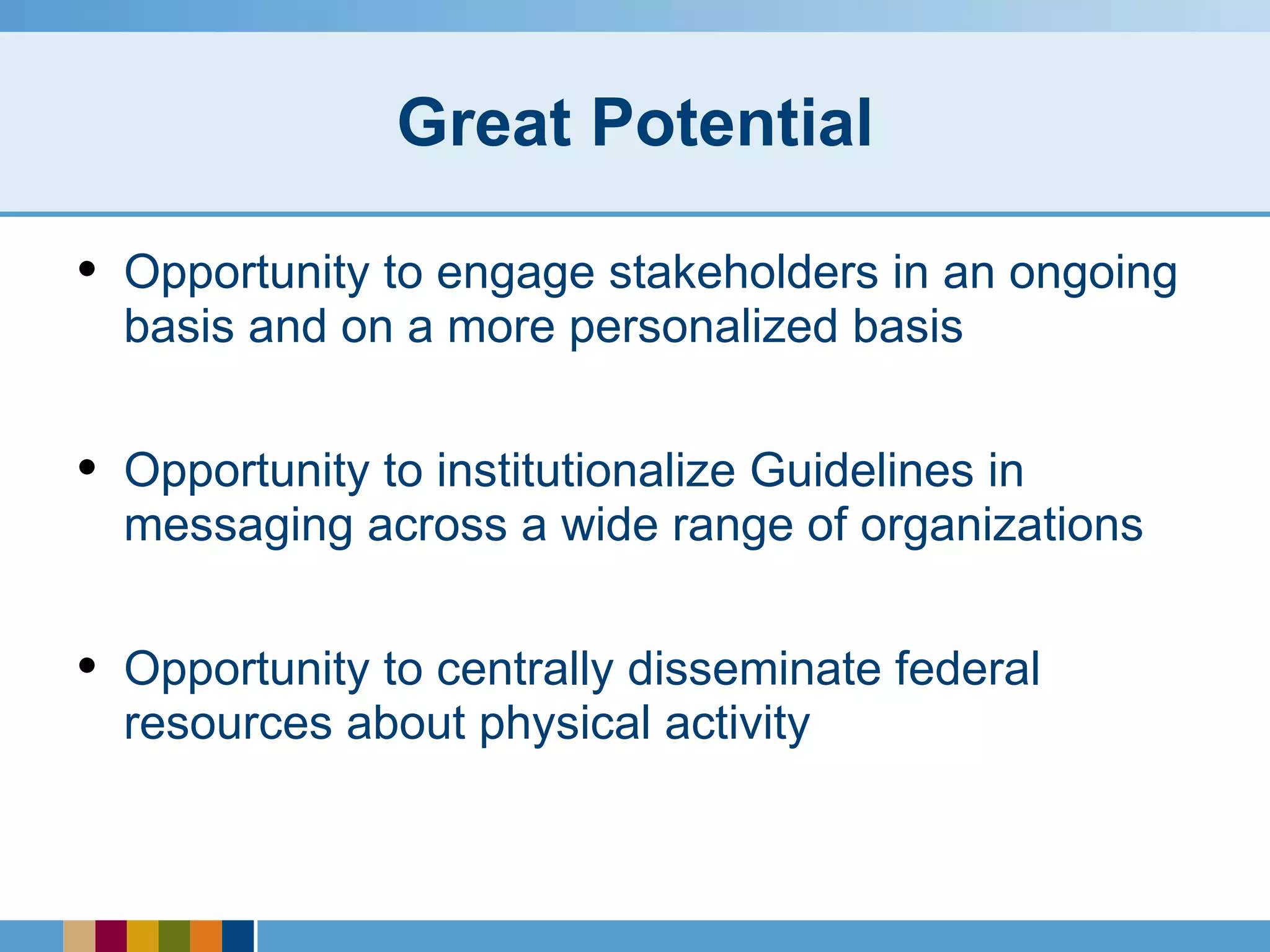 Great Potential Opportunity to engage stakeholders in an ongoing basis and on a more personalized basis Opportunity to institutionalize Guidelines in messaging across a wide range of organizations Opportunity to centrally disseminate federal resources about physical activity 