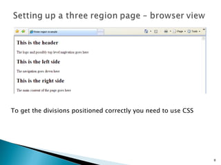 To get the divisions positioned correctly you need to use CSS 
