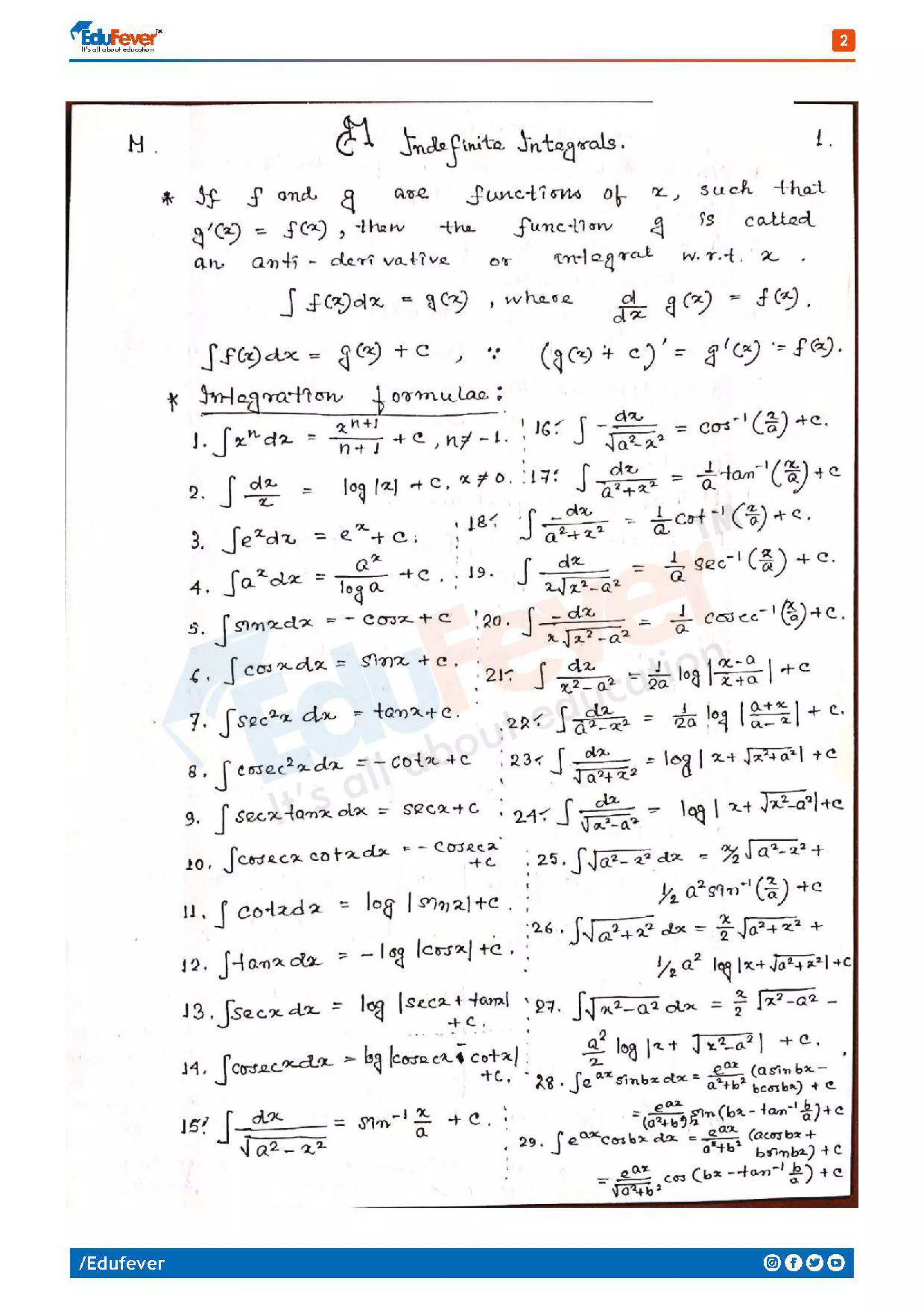 Indefinite Integration Mathematics Handwritten Notes PDF
