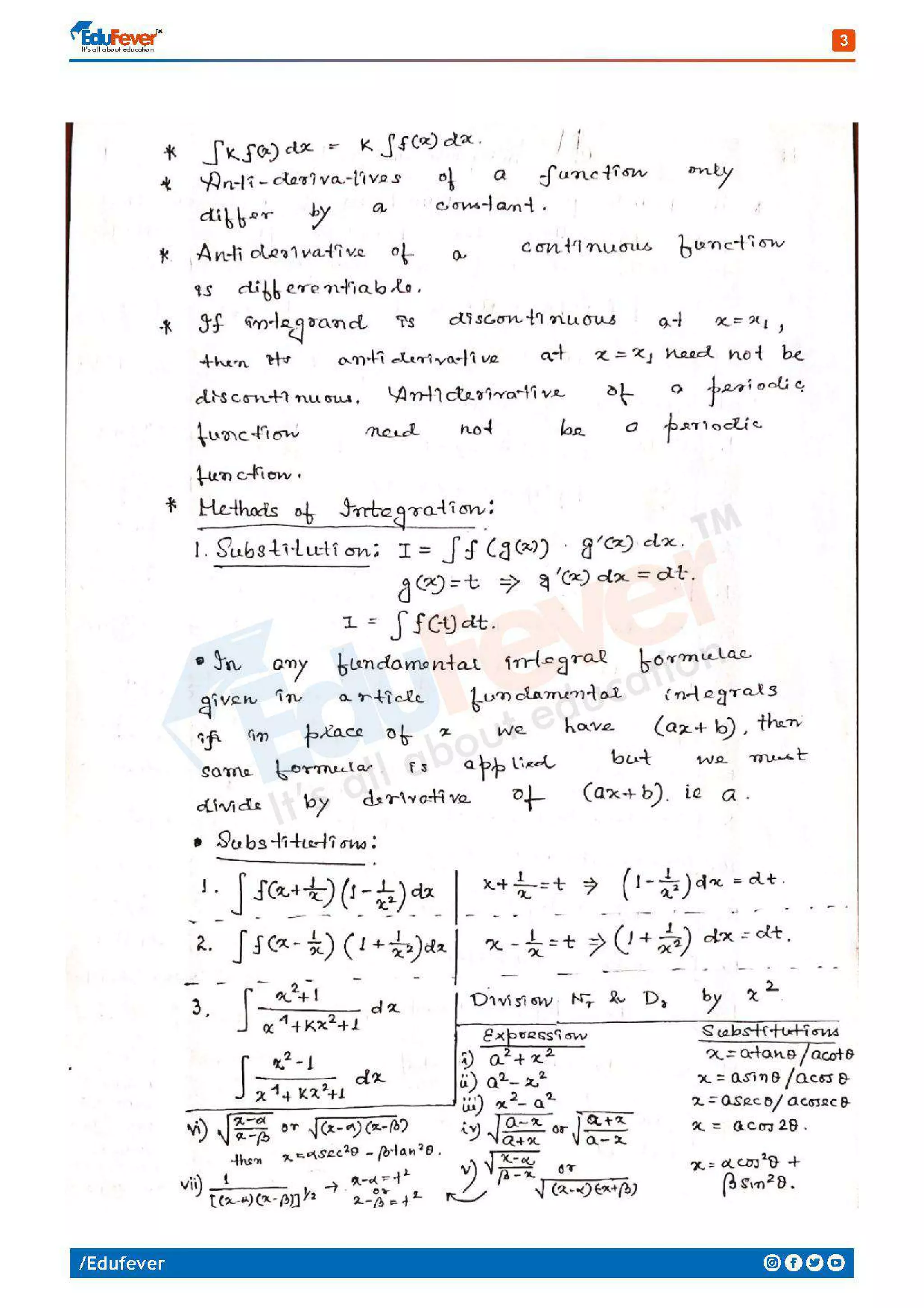 Indefinite Integration Mathematics Handwritten Notes PDF