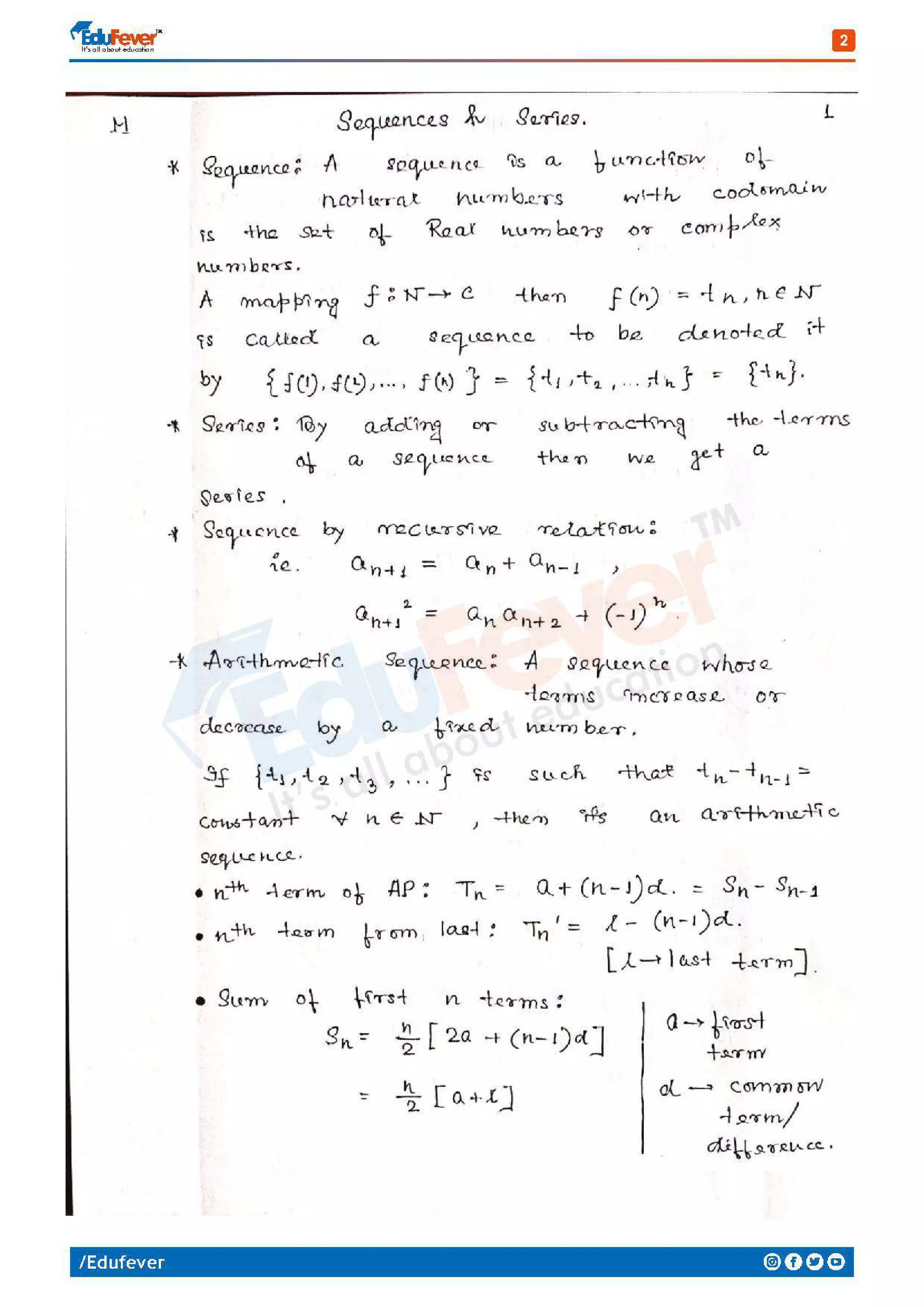 Sequence and Series Mathematics Handwritten Notes PDF