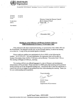 2005年10月1日世衛發給疾管局長郭旭松在日內瓦舉行的禽流感會議傳真邀請函