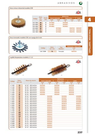 A B R A S I V O S


disco minor industrial modelo CDE




                                                                                         Referencia
                                               Diám.

                                                                                                                         4
                                                       Ancho     Acero Latonado               Acero Inox.       Latón
                                     Código     ext.
                                                        mm       0,20       0,30            0,20       0,30      0,30
                                                mm
                                                                  C           E              N           Z        V
                                    CDE 3000   30       10     0419800                    0420000
                                    CDE 4000   40       10     0419801                    0420001
                                    CDE 5000   50       10     0419802                    0420002
                                    CDE 6000   60       15                0419903                    0420103   0420203




                                                                                                                         CEPILLERÍA INDUSTRIAL
                                    CDE 7500   75       15                0419904                    0420104   0420204
                                    CDE 1000   100      15                0419905                    0420105   0420205



disco trenzado modelo CAE con espiga de 6 mm




                                                                                                Referencia Acero Gris
                                                                Diám.          Tipo
                                                 Código                                                 0,50
                                                               ext. mm       Alambre
                                                                                                          K
                                                CAE 7500K         75         Trenzado                 0420250



cepillo limpiatubos modelo L1 / L2




                    L1                                                              L2


                                                                            Referencia
           Diám.          Rosca de amarre         Acero Latonado            Acero Inox.                   Latón
Código
          ext. mm                r                0,25       0,40        0,20        0,40            0,30       0,40
                                                   D          G           N            P              V          X
L1 1001      10          W 1/4” - M6 Hembra     0420300                0420500                     0420700
L1 1201      12          W 1/4” - M6 Hembra     0420301                0420501                     0420701
L1 1401      14          W 1/4” - M6 Hembra     0420302                0420502                     0420702
L1 1501      15          W 1/4” - M6 Hembra     0420303                0420503                     0420703
L1 1601      16          W 1/4” - M6 Hembra     0420304                0420504                     0420704
L1 2001      20          W 1/4” - M6 Hembra     0420305                0420505                     0420705
L1 2501      25          W 1/2” - M6 Hembra                0420406                 0420606                    0420806
L1 3001      30          W 1/2” - M6 Hembra                0420407                 0420607                    0420807
L1 3501      35          W 1/2” - M6 Hembra                0420408                 0420608                    0420808
L1 4001      40          W 1/2” - M6 Hembra                0420409                 0420609                    0420809
L1 4501      45          W 1/2” - M6 Hembra                0420410                 0420610                    0420810
L1 5001      50          W 1/2” - M6 Hembra                0420411                 0420611                    0420811
L1 6001      60          W 1/2” - M6 Hembra                0420412                 0420612                    0420812
L1 7001      70          W 1/2” - M6 Hembra                0420413                 0420613                    0420813
L1 7501      75          W 1/2” - M6 Hembra                0420414
L1 0101     100          W 1/2” - M6 Hembra                0420415
L1 0251     125          W 1/2” - M6 Hembra                0420416
L1 0501     150          W 1/2” - M6 Hembra                0420417
L2 2502      25          W 1/2” - M6 Hembra                0420418
L2 3002      30          W 1/2” - M6 Hembra                0420419
L2 4002      40          W 1/2” - M6 Hembra                0420420
L2 5002      50          W 1/2” - M6 Hembra                0420421
L2 7002      70          W 1/2” - M6 Hembra                0420422
L2 0102     100          W 1/2” - M6 Hembra                0420423



                                                                                                                237
 