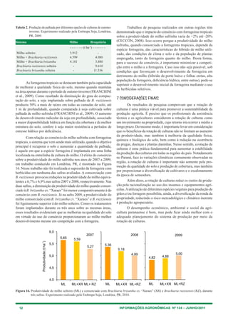 12 INFORMAÇÕES AGRONÔMICAS Nº 134 – JUNHO/2011
As forrageiras tropicais se destacam também pela capacidade
de melhorar a qualidade física do solo, mesmo quando mantidas
na área apenas durante o período de outono-inverno (Franchini
et al., 2009). Como resultado da diminuição do grau de compac-
tação do solo, a soja implantada sobre palhada de B. ruziziensis
produziu 50% a mais de raízes em todas as camadas de solo, até
1 m de profundidade, quando comparada à soja cultivada sobre
palhada de milho safrinha (Franchini et al., 2009). O aumento
do desenvolvimento radicular da soja em profundidade, associado
a maior disponibilidade hídrica em função da cobertura e da melhor
estrutura do solo, confere à soja maior resistência a períodos de
estresse hídrico por deficiência.
Com relação ao consórcio do milho safrinha com forrageiras
tropicais, o sistema que vem sendo mais utilizado, quando o objetivo
principal é recuperar o solo e aumentar a quantidade de palhada,
é aquele em que a espécie forrageira é implantada em uma linha
localizada na entrelinha da cultura do milho. O efeito do consórcio
sobre a produtividade do milho safrinha nos anos de 2007 a 2009,
em trabalho conduzido em Londrina, PR, é mostrado na Figura
16. Nesse trabalho não foi realizada a supressão da forrageira com
herbicidas em nenhuma das safras avaliadas. A consorciação com
B. ruziziensis provocou reduções na produtividade do milho equiva-
lentes a 6,7% e 6,9% nas safras 2007 e 2008, respectivamente. Nas
duas safras, a diminuição da produtividade do milho quando consor-
ciado à B. brizantha cv. “Xaraes” foi menor comparativamente à do
consórcio com B. ruziziensis. Já na safra 2009, a produtividade do
milho consorciado com B. brizantha cv. “Xaraes” e B. ruziziensis
foi ligeiramente superior à do milho solteiro. Como os tratamentos
foram implantados durante os três anos sobre as mesmas áreas,
esses resultados evidenciam que as melhorias na qualidade do solo
em virtude do uso do consórcio proporcionaram ao milho melhor
desenvolvimento mesmo em competição com a forrageira.
Trabalhos de pesquisa realizados em outras regiões têm
demonstrado que o impacto do consórcio com forrageiras tropicais
sobre a produtividade do milho safrinha varia de +2% até -20%
(Ceccon, 2008). Isso ocorre porque a produtividade do milho
safrinha, quando consorciado a forrageiras tropicais, depende da
espécie forrageira, das características do híbrido de milho utili-
zado, das condições de clima e solo e da população de plantas
empregada, tanto da forrageira quanto do milho. Desta forma,
para o sucesso do consórcio, é importante minimizar a competi-
ção entre o milho e a forrageira. Caso isso não seja possível, sob
condições que favoreçam o desenvolvimento da forrageira em
detrimento do milho (híbrido de porte baixo e folhas eretas, alta
população da forrageira, deficiência hídrica, entre outras), pode-se
suprimir o desenvolvimento inicial da forrageira mediante o uso
de herbicidas seletivos.
7 Considerações finais
Os resultados de pesquisa comprovam que a rotação de
culturas é uma prática viável para promover a sustentabilidade da
produção agrícola. É preciso que os profissionais da assistência
técnica e os agricultores considerem a rotação de culturas como
um investimento na propriedade, cujo retorno irá ocorrer a médio e
longo prazo. Do mesmo modo, é importante levar em consideração
que os benefícios da rotação de culturas não se limitam ao aumento
da produtividade, mas também à melhoria da qualidade física,
química e biológica do solo, bem como à redução na ocorrência
de pragas, doenças e plantas daninhas. Nesse sentido, a rotação de
culturas é uma prática fundamental para aumentar a estabilidade
da produção das culturas em todas as regiões do país. Notadamente
no Paraná, face às variações climáticas comumente observadas na
região, a rotação de culturas é importante não somente pela pro-
moção da qualidade do solo e produção de cobertura, mas também
por proporcionar a diversificação de cultivares e o escalonamento
da época de semeadura.
Além disso, a rotação de culturas reduz os custos de produ-
ção pela racionalização no uso dos insumos e equipamentos agrí-
colas.Autilização de diferentes espécies vegetais para produção de
grãos e/ou forragem possibilita, ainda, a diversificação da renda da
propriedade, reduzindo o risco mercadológico e climático inerente
à produção agropecuária.
O desempenho econômico, ambiental e social da agri-
cultura paranaense é bom, mas pode ficar ainda melhor com o
adequado planejamento do sistema de produção por meio da
rotação de culturas.
Tabela 2. Produção de palhada por diferentes opções de culturas de outono-
inverno. Experimento realizado pela Embrapa Soja, Londrina,
PR, 2009.
Sistema Milho Braquiária
- - - - - - - (t ha-1
) - - - - - - -
Milho solteiro 5.912 -
Milho + Brachiaria ruziziensis 4.599 4.080
Milho + Brachiaria brizantha 4.181 3.880
Brachiaria ruziziensis solteira - 9.610
Brachiaria brizantha solteira - 11.536
Figura 16. Produtividade do milho solteiro (ML) e consorciado com Brachiaria brizantha cv. “Xaraes” (XR) e Brachiaria ruziziensis (RZ), durante
três safras. Experimento realizado pela Embrapa Soja, Londrina, PR, 2010.
 