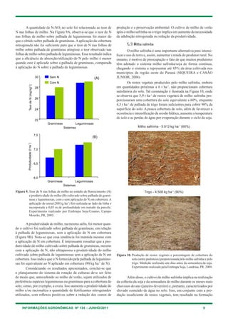 INFORMAÇÕES AGRONÔMICAS Nº 134 – JUNHO/2011 9
A quantidade de N-NO3
no solo foi relacionada ao teor de
N nas folhas de milho. Na Figura 9A, observa-se que o teor de N
nas folhas de milho sobre palhada de leguminosas foi maior do
que o obtido sobre palhada de gramíneas.Aaplicação da cobertura
nitrogenada não foi suficiente para que o teor de N nas folhas de
milho sobre palhada de gramíneas atingisse o teor observado nas
folhas de milho sobre palhada de leguminosas. Esse resultado indica
que a eficiência de absorção/utilização do N pelo milho é menor
quando este é aplicado sobre a palhada de gramíneas, comparada
à aplicação do N sobre a palhada de leguminosas.
produção e a preservação ambiental. O cultivo de milho de verão
após o milho safrinha ou o trigo implica em aumento da necessidade
de adubação nitrogenada ou redução da produtividade.
5.3 Milho safrinha
O milho safrinha é uma importante alternativa para intensi-
ficar o uso da terra e, assim, aumentar a renda do produtor rural. No
entanto, é motivo de preocupação o fato de que muitos produtores
têm adotado o sistema milho safrinha/soja de forma contínua,
chegando o sistema a representar até 85% da área cultivada nos
municípios da região oeste do Paraná (Siqueira e Casão
Junior, 2006).
Os restos vegetais produzidos pelo milho safrinha, embora
em quantidades próximas a 6 t ha-1
, não proporcionam cobertura
satisfatória do solo. Tal constatação é ilustrada na Figura 10, onde
se observa que 5,9 t ha-1
de restos vegetais de milho safrinha pro-
porcionaram uma cobertura do solo equivalente a 60%, enquanto
4,5 t ha-1
de palhada de trigo foram suficientes para cobrir 90% da
superfície do solo. A pouca cobertura do solo, além de favorecer a
ocorrência e intensificação da erosão hídrica, aumenta a temperatura
do solo e as perdas de água por evaporação durante o ciclo da soja.
Figura 9. Teor de N nas folhas de milho no estádio de florescimento (A)
e produtividade de milho (B) cultivado sobre palhada de gramí-
neas e leguminosas, com e sem aplicação de N em cobertura. A
aplicação de ureia (200 kg ha-1
) foi realizada ao lado da linha e
incorporada a 0,05 m de profundidade em metade da parcela.
Experimento realizado por Embrapa Soja/Coamo, Campo
Mourão, PR, 2005.
Figura 10. Produção de restos vegetais e porcentagem de cobertura do
solo (entre parêntesis) proporcionada pelo milho safrinha e pelo
trigo. Medição realizada sete dias antes da semeadura da soja.
Experimento realizado pela Embrapa Soja, Londrina, PR, 2009.
Milho safrinha - 5.912 kg ha-1
(60%)
Trigo - 4.508 kg ha-1
(90%)
Aprodutividade do milho, na mesma safra, foi menor quan-
do o cultivo foi realizado sobre palhada de gramíneas, em relação
à palhada de leguminosas, sem a aplicação de N em cobertura
(Figura 9B). Nota-se que essa tendência foi mantida mesmo com
a aplicação de N em cobertura. É interessante ressaltar que a pro-
dutividade do milho cultivado sobre palhada de gramíneas, mesmo
com a aplicação de N, não ultrapassou a produtividade do milho
cultivado sobre palhada de leguminosas sem a aplicação de N em
cobertura. Isso indica que o N fornecido pela palhada de legumino-
sas foi equivalente ao N aplicado em cobertura (90 kg ha-1
de N).
Considerando os resultados apresentados, conclui-se que
o planejamento do sistema de rotação de culturas deve ser feito
de modo que, antecedendo ao milho de verão, sejam utilizadas de
preferência espécies leguminosas ou gramíneas para a cobertura do
solo, como, por exemplo, a aveia. Isso aumenta a produtividade do
milho e/ou racionaliza a quantidade de fertilizantes nitrogenados
utilizados, com reflexos positivos sobre a redução dos custos de
Além disso, o cultivo do milho safrinha implica na realização
da colheita da soja e da semeadura do milho durante os meses mais
chuvosos do ano (janeiro-fevereiro) e, portanto, caracterizados por
elevado conteúdo de água no solo. Isso, em conjunto com a pro-
dução insuficiente de restos vegetais, tem resultado na formação
 