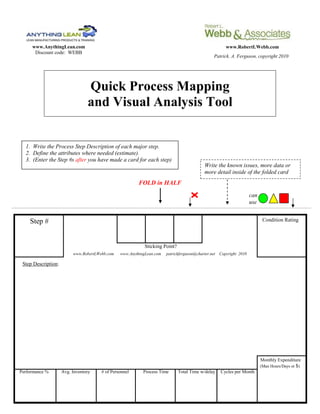 www.AnythingLean.com                                                                              'www.RobertLWebb.com
      Discount code: WEBB
                                                                                                 Patrick. A. Ferguson, copyright 2010




                                 Quick Process Mapping
                                 and Visual Analysis Tool


  1. Write the Process Step Description of each major step.
  2. Define the attributes where needed (estimate).
  3. (Enter the Step #s after you have made a card for each step)
                                                                                            Write the known issues, more data or
                                                                                            more detail inside of the folded card
                                                         FOLD in HALF
                                                                                                                      can
                                                                                                                      use


    Step #                                                                                                                   Condition Rating




                                                            Sticking Point?
                          www.RobertLWebb.com   www.AnythingLean.com   patrickferguson@charter.net   Copyright 2010

 Step Description:




                                                                                                                            Monthly Expenditure
                                                                                                                            (Man Hours/Days or $)
Performance %        Avg. Inventory    # of Personnel      Process Time       Total Time w/delay     Cycles per Month
 
