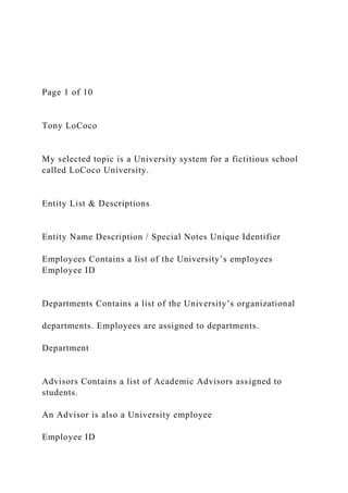 Page 1 of 10
Tony LoCoco
My selected topic is a University system for a fictitious school
called LoCoco University.
Entity List & Descriptions
Entity Name Description / Special Notes Unique Identifier
Employees Contains a list of the University’s employees
Employee ID
Departments Contains a list of the University’s organizational
departments. Employees are assigned to departments.
Department
Advisors Contains a list of Academic Advisors assigned to
students.
An Advisor is also a University employee
Employee ID
 