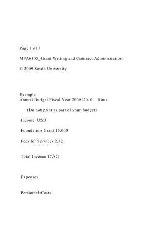 Page 1 of 3
MPA6105_Grant Writing and Contract Administration
© 2009 South University
Example
Annual Budget Fiscal Year 2009-2010 Hints
(Do not print as part of your budget)
Income USD
Foundation Grant 15,000
Fees for Services 2,821
Total Income 17,821
Expenses
Personnel Costs
 