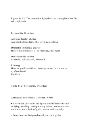 Figure 14.18 The dopamine hypothesis as an explanation for
schizophrenia
Personality Disorders
Anxious-fearful cluster
Avoidant, dependent, obsessive-compulsive
Dramatic-impulsive cluster
Histrionic, narcissistic, borderline, antisocial
Odd-eccentric cluster
Schizoid, schizotypal, paranoid
Etiology
Genetic predispositions, inadequate socialization in
dysfunctional
families
Table 14.2 Personality Disorders
Antisocial Personality Disorder (APD)
• A disorder characterized by antisocial behavior such
as lying, stealing, manipulating others, and sometimes
violence; and a lack of guilt, shame and empathy.
• Sometimes called psychopathy or sociopathy
 