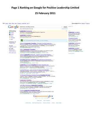 Page 1 Ranking on Google for Positive Leadership Limited
                   25 February 2011
 