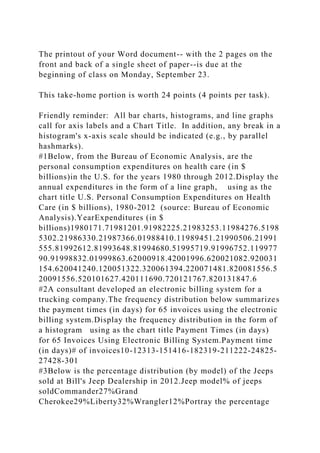 The printout of your Word document-- with the 2 pages on the
front and back of a single sheet of paper--is due at the
beginning of class on Monday, September 23.
This take-home portion is worth 24 points (4 points per task).
Friendly reminder: All bar charts, histograms, and line graphs
call for axis labels and a Chart Title. In addition, any break in a
histogram's x-axis scale should be indicated (e.g., by parallel
hashmarks).
#1Below, from the Bureau of Economic Analysis, are the
personal consumption expenditures on health care (in $
billions)in the U.S. for the years 1980 through 2012.Display the
annual expenditures in the form of a line graph, using as the
chart title U.S. Personal Consumption Expenditures on Health
Care (in $ billions), 1980-2012 (source: Bureau of Economic
Analysis).YearExpenditures (in $
billions)1980171.71981201.91982225.21983253.11984276.5198
5302.21986330.21987366.01988410.11989451.21990506.21991
555.81992612.81993648.81994680.51995719.91996752.119977
90.91998832.01999863.62000918.42001996.620021082.920031
154.620041240.120051322.320061394.220071481.820081556.5
20091556.520101627.420111690.720121767.820131847.6
#2A consultant developed an electronic billing system for a
trucking company.The frequency distribution below summarizes
the payment times (in days) for 65 invoices using the electronic
billing system.Display the frequency distribution in the form of
a histogram using as the chart title Payment Times (in days)
for 65 Invoices Using Electronic Billing System.Payment time
(in days)# of invoices10-12313-151416-182319-211222-24825-
27428-301
#3Below is the percentage distribution (by model) of the Jeeps
sold at Bill's Jeep Dealership in 2012.Jeep model% of jeeps
soldCommander27%Grand
Cherokee29%Liberty32%Wrangler12%Portray the percentage
 