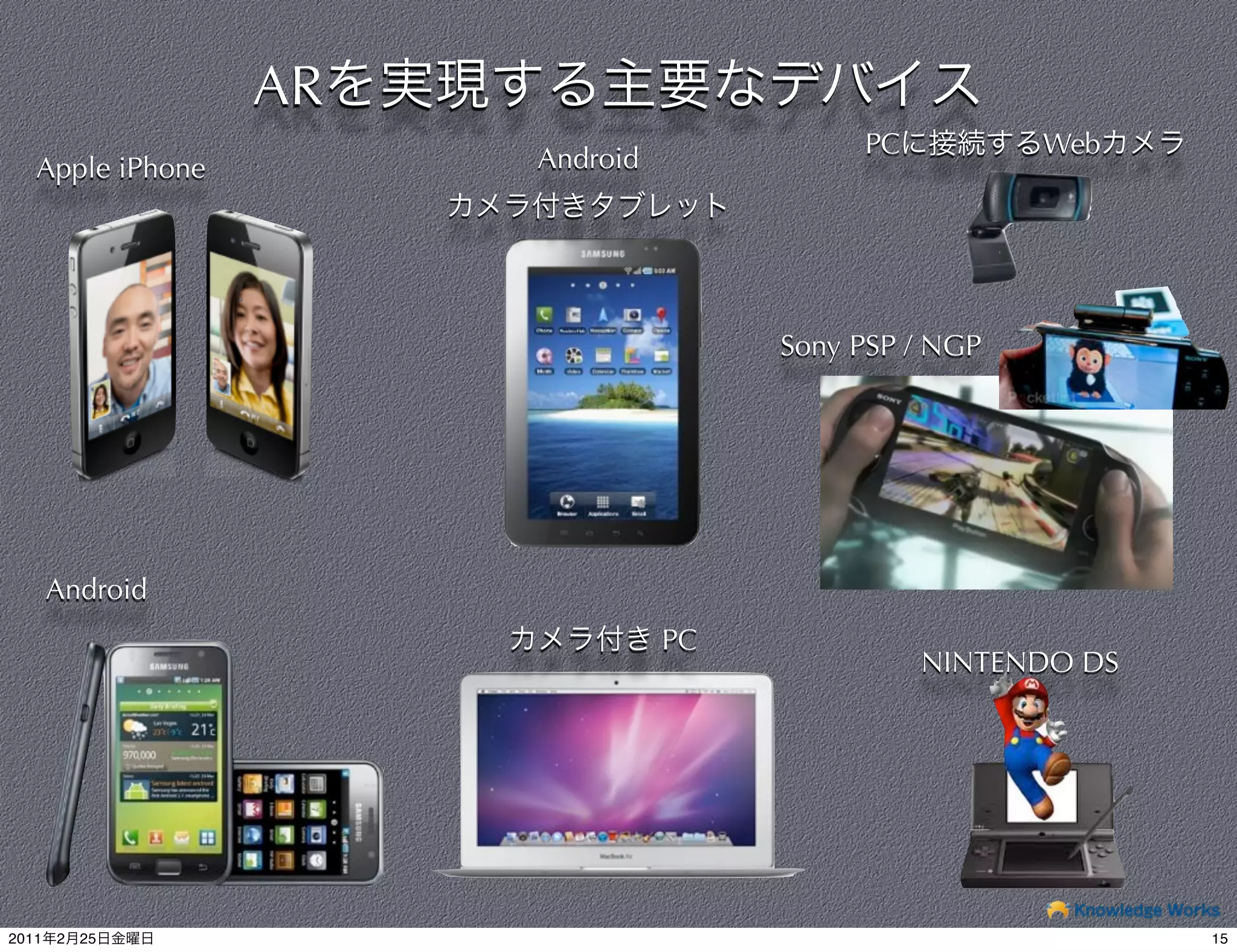 AR
                                           PC          Web
   Apple iPhone        Android




                                      Sony PSP / NGP




       Android
                                 PC
                                                NINTENDO DS




2011   2   25                                                 15
 