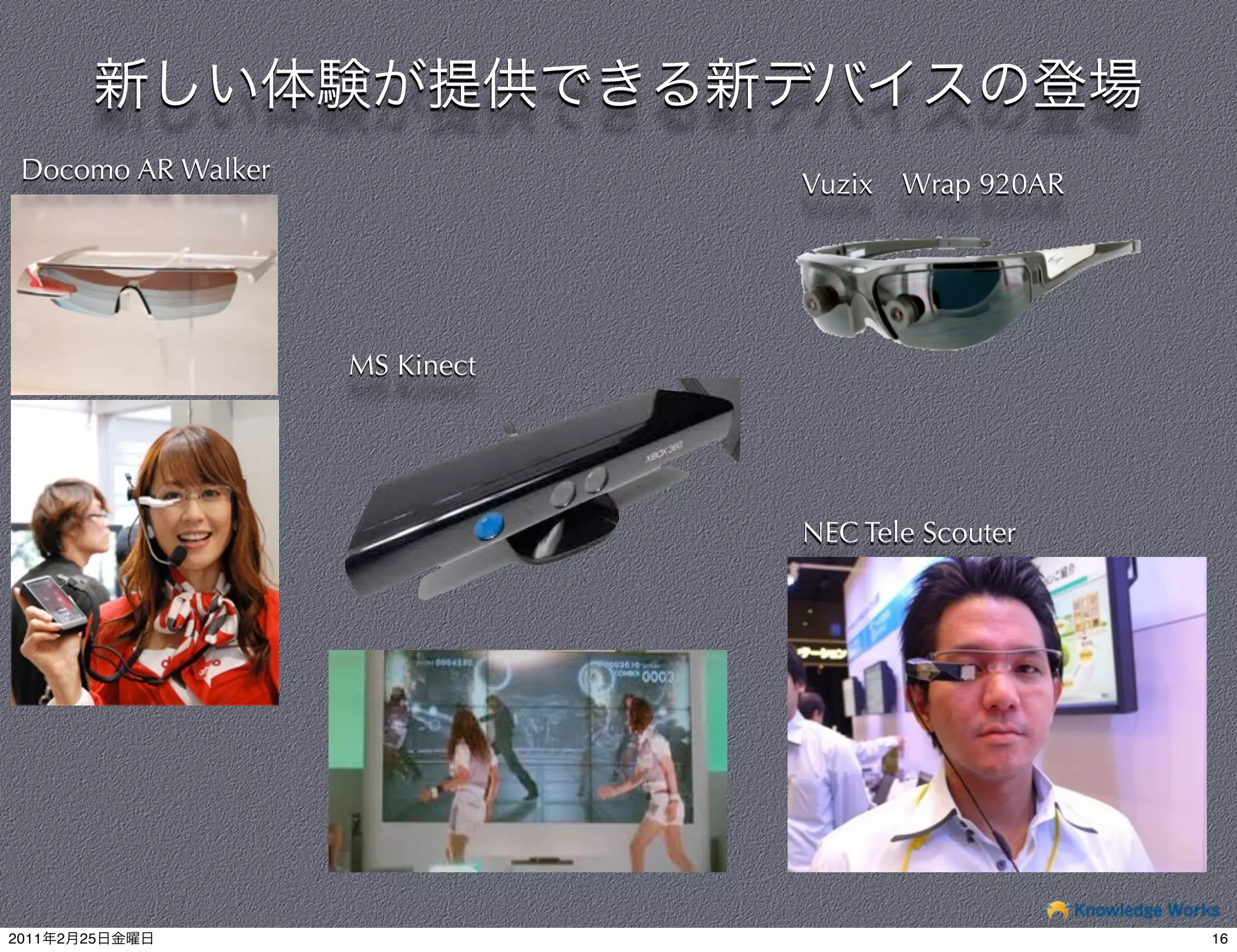 Docomo AR Walker               Vuzix   Wrap 920AR




                    MS Kinect




                                NEC Tele Scouter




2011   2   25                                        16
 