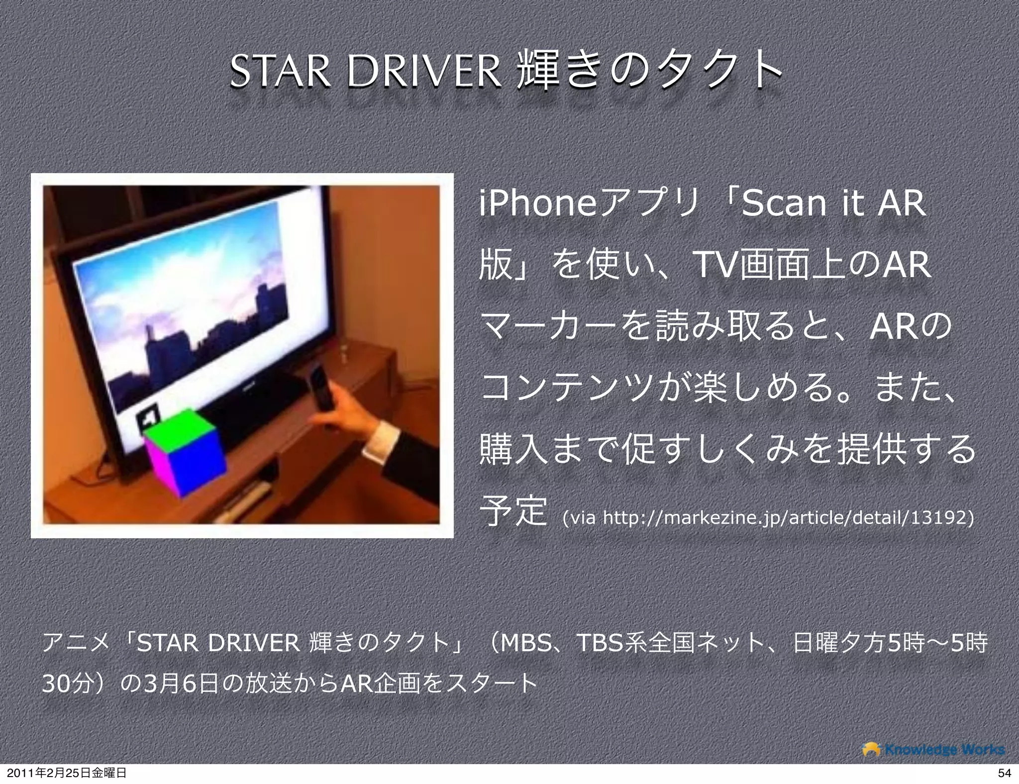 STAR DRIVER

                                   iPhone                 Scan it AR
                                                     TV                   AR
                                                                         AR




                                       (via http://markezine.jp/article/detail/13192)




                STAR DRIVER         MBS TBS                                5      5
       30       3 6           AR


2011   2   25                                                                           54
 