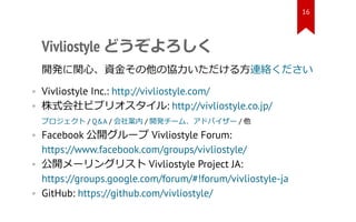 Vivliostyle どうぞよろしく
開発に関心、資金その他の協力いただける方連絡ください
• Vivliostyle Inc.: http://vivliostyle.com/
• 株式会社ビブリオスタイル: http://vivliost...