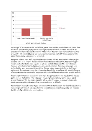 We thought to include a question about sports, which could possible be included in the parent zone
too. Given it was football/rugby season we thought we should include an article about that. Our
cricket team is the most successful in terms of title wins in the entire west midlands/Warwickshire
area, with 7 title wins in 12 years. Last year was embarrassing as we lost first round, so an article
about the rebuilding process may be of interest.

Being that Football is the most popular sport in this country and that it’s currently Football/Rugby
season it came as no surprise that people were more interested in this article. People simply gave
reasons such as football is more popular, people can relate to it because of the current season.
However when it came to cricket people were more enthusiastic in their response, people were
saying that the sport is more exciting, and that the new season is up and coming so it will build
excitement. One participant even plays the sport and would like to read an article about it. Reasons
often show more than quantitative responses, which often add an extra dimension to result analysis.

This means that the mixed reviews may even mean the sports section is not included, that may be
partly down to the fact that other articles are in such high demand being festive season is just
around the corner. This also means feasibility is low, not only because of reviews, but access to
sports teachers, gaining interviews, fixtures and results may be difficult.

Results too are invalid; the time of year combined with lack of enthusiasm may mean this question is
not coming into fruition. It was a question that needed to asked as sports plays a big role in society
but it is not of great interest to some students.
 