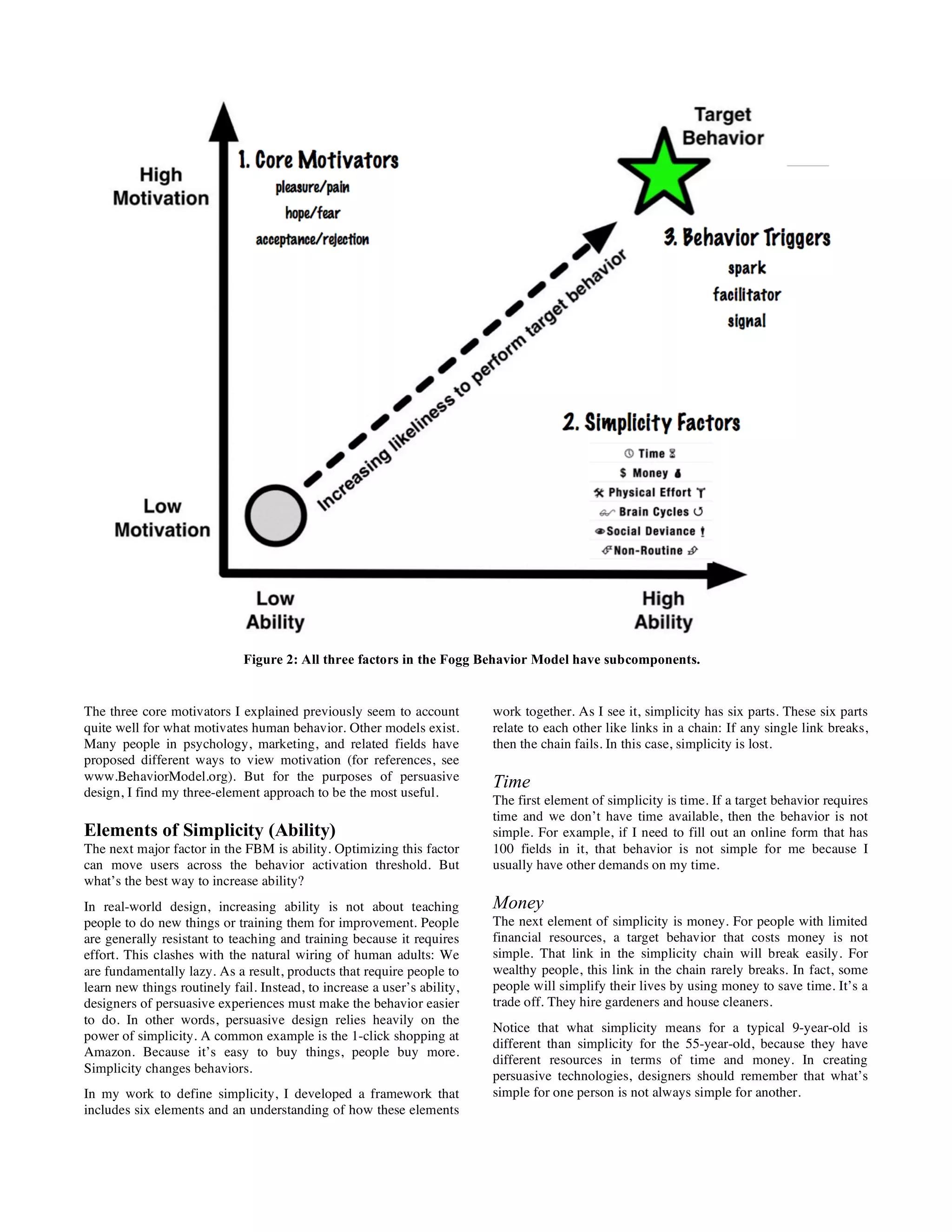 The three core motivators I explained previously seem to account
quite well for what motivates human behavior. Other models exist.
Many people in psychology, marketing, and related fields have
proposed different ways to view motivation (for references, see
www.BehaviorModel.org). But for the purposes of persuasive
design, I find my three-element approach to be the most useful.
Elements of Simplicity (Ability)
The next major factor in the FBM is ability. Optimizing this factor
can move users across the behavior activation threshold. But
what’s the best way to increase ability?
In real-world design, increasing ability is not about teaching
people to do new things or training them for improvement. People
are generally resistant to teaching and training because it requires
effort. This clashes with the natural wiring of human adults: We
are fundamentally lazy. As a result, products that require people to
learn new things routinely fail. Instead, to increase a user’s ability,
designers of persuasive experiences must make the behavior easier
to do. In other words, persuasive design relies heavily on the
power of simplicity. A common example is the 1-click shopping at
Amazon. Because it’s easy to buy things, people buy more.
Simplicity changes behaviors.
In my work to define simplicity, I developed a framework that
includes six elements and an understanding of how these elements
work together. As I see it, simplicity has six parts. These six parts
relate to each other like links in a chain: If any single link breaks,
then the chain fails. In this case, simplicity is lost.
Time
The first element of simplicity is time. If a target behavior requires
time and we don’t have time available, then the behavior is not
simple. For example, if I need to fill out an online form that has
100 fields in it, that behavior is not simple for me because I
usually have other demands on my time.
Money
The next element of simplicity is money. For people with limited
financial resources, a target behavior that costs money is not
simple. That link in the simplicity chain will break easily. For
wealthy people, this link in the chain rarely breaks. In fact, some
people will simplify their lives by using money to save time. It’s a
trade off. They hire gardeners and house cleaners.
Notice that what simplicity means for a typical 9-year-old is
different than simplicity for the 55-year-old, because they have
different resources in terms of time and money. In creating
persuasive technologies, designers should remember that what’s
simple for one person is not always simple for another.
Figure 2: All three factors in the Fogg Behavior Model have subcomponents.
 