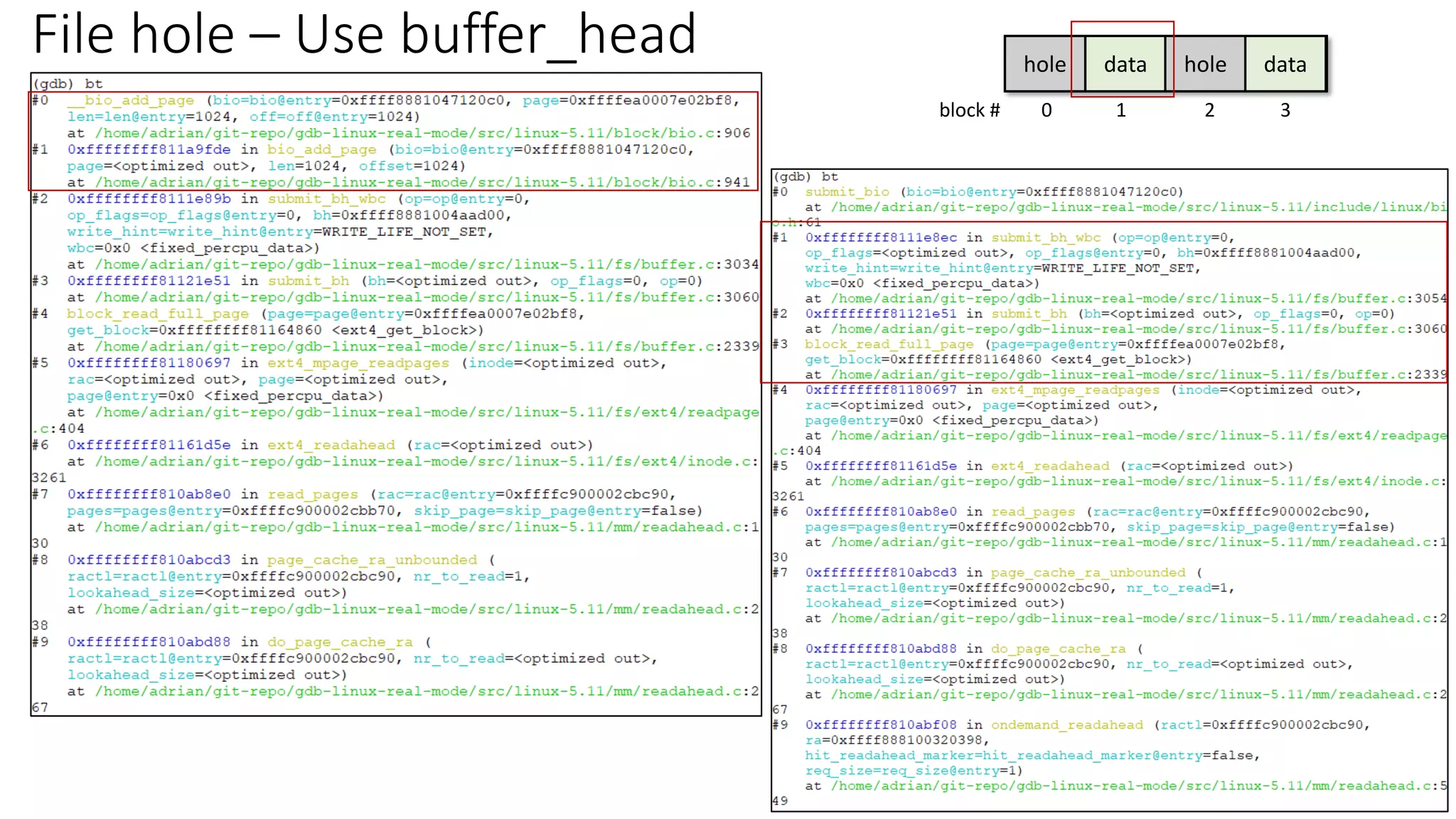 File hole – Use buffer_head hole data hole data
block # 0 1 2 3
 