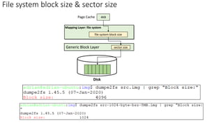File system block size & sector size
4KB
Page Cache
Disk
file system block size
Mapping Layer: file system
Generic Block Layer sector size
 
