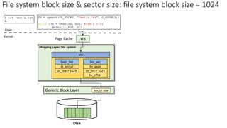 File system block size & sector size: file system block size = 1024
4KB
Page Cache
Disk
Mapping Layer: file system
Generic Block Layer sector size
bi_size = 1024
bvec_iter
bi_sector
bv_len = 1024
bio_vec
bv_page
bv_offset
bio
Kernel
User
 
