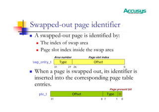 Swapped-out page identifier
„ A swapped-out page is identified by:
„ The index of swap area
„ Page slot index inside the swap area
„ When a page is swapped out, its identifier is
inserted into the corresponding page table
entries.
Offset
Type
0
26
27
Area number Page slot index
swp_entry_t
31
Offset Type
0
7
8
pte_t
31
0
1
Page present bit
 