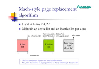 Mach-style page replacement
algorithm
„ Used in Linux 2.4, 2.6
„ Maintain an active list and an inactive list per zone
Active
list
Inactive
list
Referenced
Not referenced (*)
* Filter out anonymous pages when some conditions met
Also, limit the number of pages per move to slowly sift through the active list
Not ref’ed, dirty,
disk I/O started
Free page
Pool
(free_list)
Not ref’ed,
unmapped, clean Allocations
 