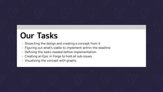 Our Tasks
Dissecting the design and creating a concept from it

Figuring out what’s viable to implement within the deadline

Defining the tasks needed before implementation

Creating an Epic in Forge to hold all sub-issues

Visualizing the concept with graphs
 