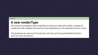 SOLUTION
A new renderType
As a solution we added a new renderType to shortcut mode which adds a snippet of

JavaScript that validates the shortcut value depending on the selected shortcut mode.


The proposals are not out of the picture, this was just the quickest/best solution

with our time constraints.
 