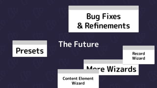 Presets
Bug Fixes

& Refinements
The Future
Record

Wizard
More Wizards
Content Element

Wizard
 