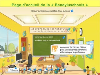 Page d’accueil de la « Beneyluschools »
Au centre de l’écran, l’élève
peut visualiser les annonces
effectués par le professeur
Cliquer sur les images dotées de ce symbole
 