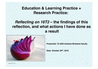 1
Education & Learning Practice +
Research Practice:
Reﬂecting on 16T2 – the ﬁndings of this
reﬂection, and what actions I have done as
a result
 
 
Presented: To SAE Institute Brisbane faculty
Date: October 20th, 2016
V:20161020_v14_DLP
 