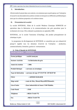 SFP : Etude et supervision d’une chaine d’alimentation four par des carreaux de céramique
Réalisé par :Mohsen Sadok (L3 AII) ISET RADES : département GE
13
I. Introduction :
Afin de mettre le projet dans son contexte, on commence par un petit aperçu sur l’entreprise
d’accueil et une description du système existant en énonçant ses différentes problématiques
ainsi que les solutions proposées et la solution retenu.
II. Présentation de la société
La société SOTEMAIL, filiale de la société Moderne Céramique SOMOCER est
spécialisée dans la fabrication et la commercialisation des grés porcelaine pour le
revêtement sol et mur. Elle a démarré sa production en septembre 2006.
SOTEMAIL, est la société Tunisienne d’émaillage, elle produit principalement de
céramique et grés.
Le programme de développement de SOTEMAIL se caractérise par son exhaustivité
puisqu’il englobe tous les domaines d’activité de l’entreprise : production,
commercialisation, formation, gestion et restructuration.
1) Fiche d’identité de SOTEMAIL
Non de l’entreprise : SOTEMAIL
Forme juridique : société anonyme
Secteurs Activités : la fabrication du grès
Année de création : 2006
Produit fabriqué : carreaux en céramique
Type de fabrication : carreaux de type 15*15/15*30 / 20*20/25*40
P.D.G : AHMED SGHAIER
Siège social : route de Sfax, Menzel Hayat5033Monastir.
Lieu d’usine : Zone industrielle de Soussi 5140 Mahdia.
Code Postal : 5140
Téléphone : 00216 73 610 772
Fax : 00216 73 610 778
 