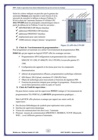 SFP : Etude et supervision d’une chaine d’alimentation four par des carreaux de céramique
Réalisé par :Mohsen Sadok (L3 AII) ISET RADES : département GE
23
Selon les critères indiqués on peut dire que la gamme des
automates Siemens peut répondre à notre besoin d’où la
nécessité de consulter le tableau ci-dessus (Tableau 3) :
D’où le choix de l’automate Siemens S7-416(de CPU
416-3 PN/DP) dont les principales caractéristiques tirées à
partir du tableau de la (Tableau 3) sont les suivantes :
 MPI/PROFIBUS DP-Master-Interface
 additionnel PROFIBUS DP-Interface
 additionnel PROFINET Interface
 emplacement pour carte mémoire
 16MB mémoire intégrer (donner +programme)
2) Choix de l’environnement de programmation :
Pour programmer cet automate on a utilisé l’environnement de programmation TIA
PORTAL qui par rapport au logiciel STEP7 offre les avantages suivants :
 Programmation API Configuration et programmation des contrôleurs
SIMATIC S7-1200, S7-400(CPU 416-3 PN/DN), la nouvelle gamme S7-
1500.
 Configuration des appareils et du réseau pour tous les composants
d'automatisation.
 éditeurs de programmation efficaces, programmation symbolique cohérente
 HW-Detect, SW-Upload, simulation S7-1500 (PLCSim)
 Objets de technologie pour mouvements et fonctions de régulation PID
 Fonction de protection intégrée pour protéger le programme : Protection du
savoir-faire (protection contre la copie et l’accès)
3) Choix de l’outil de supervision :
On peut choisir comme outil de supervision WINCC (intègre à l’environnement de
programmation TIA PORTAL), LABVIEW (programmation graphique) …
Mais LabVIEW offre plusieurs avantages par rapport aux autres outils de
supervision :
 Des diverses bibliothèques de symbole pour représenter notre système.
 Interface de supervision dynamique
 Vitesse de communication très élevé avec l’automate
 Plusieurs moyens de communication (PROFINET, MODBUS, TCP/IP, Bluetooth,
WIFI…) avec différents gammes d’automates.
Figure 23:API 416-3 PN/DP
 