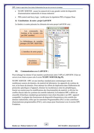 SFP : Etude et supervision d’une chaine d’alimentation four par des carreaux de céramique
Réalisé par :Mohsen Sadok (L3 AII) ISET RADES : département GE
48
 NI OPC SERVER : assure la connectivité à une grande variété de dispositifs
d'automatisation industrielle et réseau industriel
 PID control and fuzzy logic : toolkit pour la régulation PID et logique floue
4) Constitutions de notre projet LabVIEW
La fenêtre ci-contre présente les éléments de notre projet LabVIEW crée :
III. Communication avec LABVIEW :
Pour échanger les donner d’une manière synchronisée entre l’API et LABVIEW il faut un
server et un client ce pour cela il existe NI OPC SERVER (fig.39).
NI OPC SERVER : OPC est une interface standard pour communiquer entre de
nombreuses sources de données, du matériel de laboratoire, les appareils du système de
test, et les bases de données. Pour atténuer les efforts de duplication dans l'élaboration de
protocoles spécifiques à l'appareil, éliminer les incohérences entre les périphériques,
fournir un soutien pour les modifications des fonctionnalités du matériel, et d'éviter les
conflits d'accès dans les systèmes de contrôle industriel, la Fondation OPC a défini un
ensemble d'interfaces standard qui permettent à tout client d'accéder à un OPC- appareil
compatible. La plupart des fournisseurs de dispositifs d'acquisition et de contrôle des
données industrielles, telles que les automates Programmables (PLC) et des contrôleurs
d'automatismes programmables (PAC), sont conçus pour fonctionner avec la norme OPC
Fondation.
 