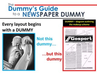 The
Dummy’s Guide
to a NEWSPAPER DUMMY
Every layout begins
with a DUMMY
Not this
dummy…
…but this
dummy
DUMMY – diagram outlining
the makeup scheme
 